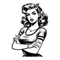 Black and white pop art illustration of a strong retro woman with a determined expression, arms crossed, and a confident stance, showcasing classic 1950s style and vintage attitude. vector