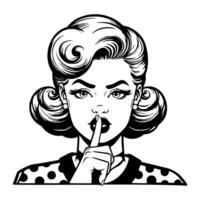 Black and white pop art illustration of a retro woman making a silence gesture with finger on lips, emphasizing secrecy. vector