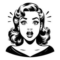 Black and white pop art illustration of a retro woman with a surprised expression, wide eyes, and open mouth, showcasing classic 1950s style. vector