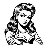 Black and white pop art illustration of a retro woman with an angry expression and arms crossed, showcasing classic 1950s style and vintage attitude. vector