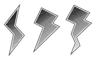 Lightning elements with halftone effect. Black dots and pop art texture. Retro illustration vector