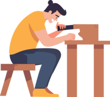 A man is working on a wooden table with a tool png