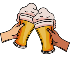 Two hands holding two beer glasses with foam png