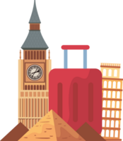A red suitcase and a clock tower with pyramids png