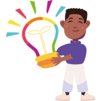 A boy holding a light bulb with a rainbow on it png