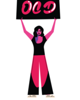 A woman holding up a sign that says old png