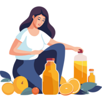 A woman is sitting on the floor with oranges and juice png