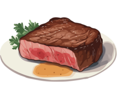 A steak on a plate with sauce and parsley png