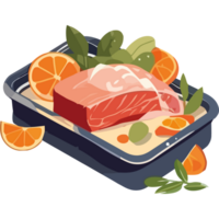 A piece of meat in a container with oranges and herbs png