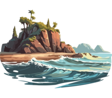 An island with palm trees and waves png