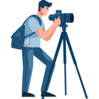 A man with a camera and tripod is standing in front of a black background png