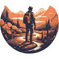 A man with a backpack is standing on a trail in the mountains png