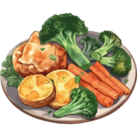 A plate of vegetables and chicken on a table png