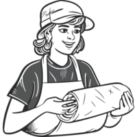 A woman in an apron holding a roll of paper png