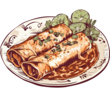 A drawing of two burritos with sauce and lime png