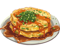 A plate of pancakes with sauce and green onions png