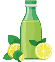 A bottle of lemon juice and slices of lemons png