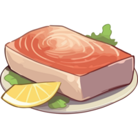A piece of meat with a slice of lemon on it png