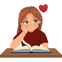 A girl is reading a book with a heart over it png