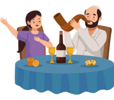 A man blowing a shofar with a woman at a table png