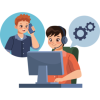 A man is talking on the phone while sitting at a computer png
