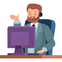 A man in a suit is sitting at a computer and pointing png
