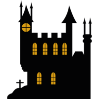 en svart och gul slott med fönster och en klocka png