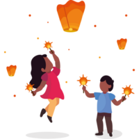 Two children are flying a paper lantern png