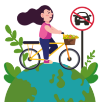 A woman riding a bicycle on top of a globe with a sign that says no flying drones png