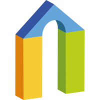 A colorful house with a blue roof and yellow and green walls png