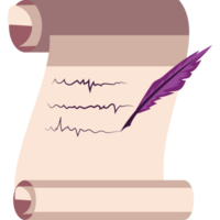 A scroll with a feather and a pen on it png