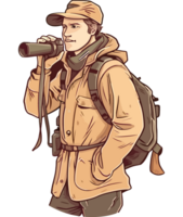 A man in a hat and jacket is looking through a binoculars png