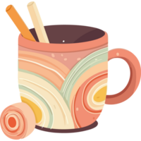 A cup of hot chocolate with a spoon and a cinnamon stick png