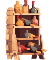 A wooden shelf with bottles and bottles on it png