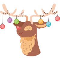 A cartoon reindeer with balls hanging from his horns png