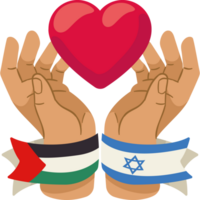 Two hands holding a heart with the flag of israel and the flag of palestine png