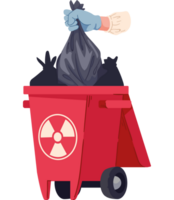 A hand is throwing a bag of garbage into a red trash can png