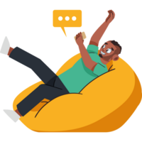 A man sitting in a bean bag chair with a phone in his hand png