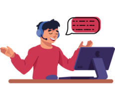 A man in a headset is sitting at a computer with a speech bubble png