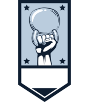 A hand holding a weight bar in front of a banner png