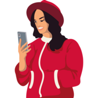 A woman in a red jacket and hat is using her phone png