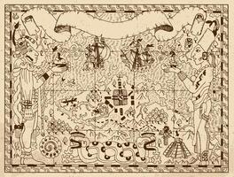 Old mayan or aztec map with two gods and fantasy land on paper background vector
