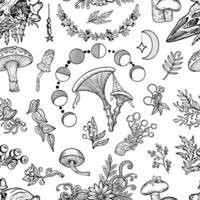Seamless pattern with mystic mushrooms, berries and floral elements. Esoteric and witchy forest concept vector