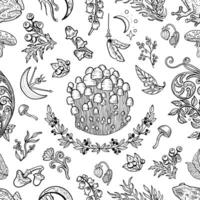 Seamless pattern with mystic mushrooms, frog and floral decorative doodle elements, witchcraft symbols. Esoteric and witchy forest concept vector