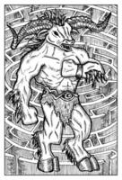 Minotaur. Monster in labyrinth. Hand drawn engraved fantasy illustration, mythology and fairy tale character vector