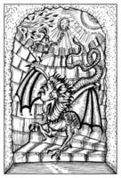 Basilisk, bird and snake monster. Hand drawn engraved fantasy illustration, mythology and fairy tale character vector