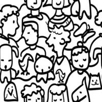 Hand drawn doodle seamless pattern with cartoon characters vector
