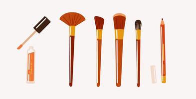 Lip gloss, brushes and pencil 2D cartoon objects set. Makeup accessories and products flat line objects on white background vector