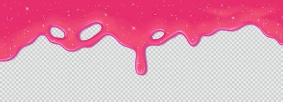 Realistic 3D dripping glossy pink slime with glitter isolated on transparent background. Border of flowing sticky sweet jelly. template of chewing gum, cream or caramel icing for cake or donut vector