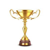 Vintage cup of shiny gold realistic illustration. Winner bowl with handles. Reward for best competitor 3d object on white background vector